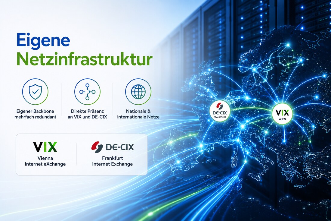 Eigene Netzinfrastruktur – eigenes, mehrfach redundantes Backbone mit Präsenz an VIX und DE-CIX